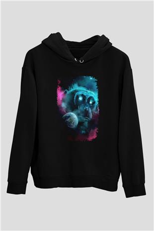 Dünya Maymun Baskılı Unisex Siyah Hoodie