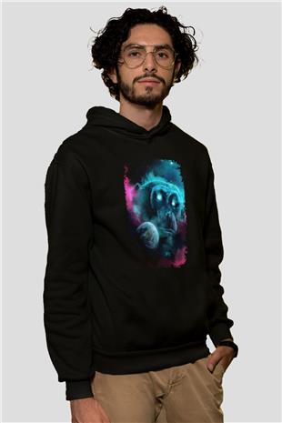 Dünya Maymun Baskılı Unisex Siyah Hoodie