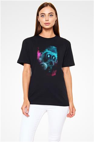 Dünya Maymun Baskılı Unisex Siyah Tişört - Tshirt