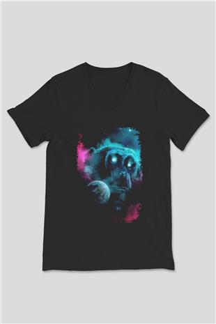 Dünya Maymun Baskılı Unisex V Yaka Siyah Tİşört - Tshirt