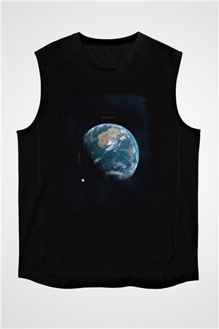 Dünya Renkli Fotoğraf Baskılı Unisex Kolsuz Siyah Tişört - Tshirt