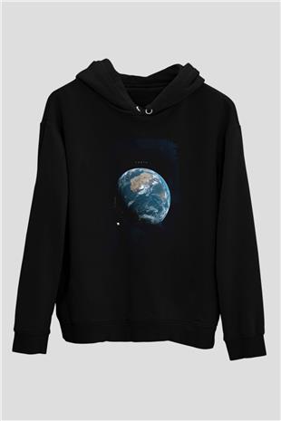 Dünya Renkli Fotoğraf Baskılı Unisex Siyah Hoodie