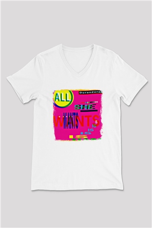 Duran Duran Baskılı Unisex Beyaz V Yaka Tişört