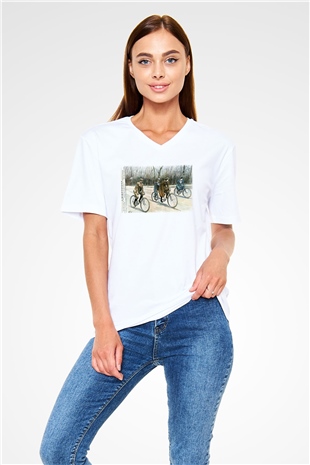Dürkopp Beyaz Unisex V Yaka Tişört T-Shirt