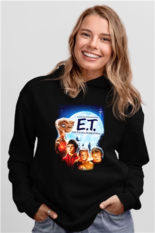 E.T. Siyah Unisex Kapüşonlu Sweatshirt