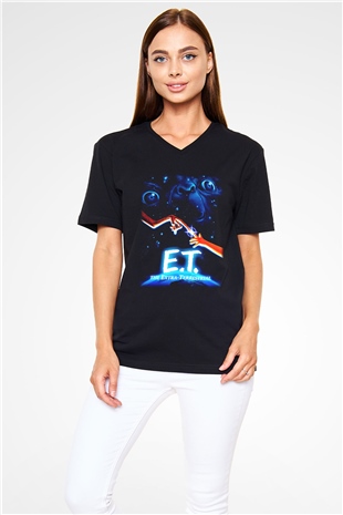 E.T. Siyah Unisex V Yaka Tişört