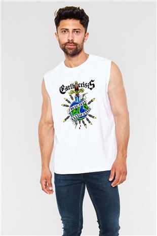 Earth Crisis Baskılı Beyaz Unisex Kolsuz Tişört - Tshirt