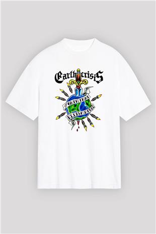 Earth Crisis Baskılı Beyaz Unisex Oversize Tişört - Tshirt