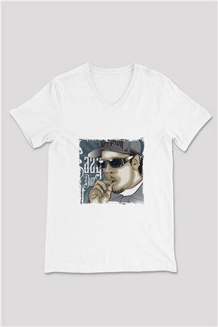 Eazy-E Baskılı Beyaz V Yaka Unisex Tişört