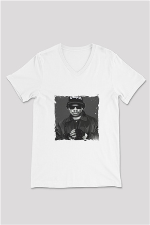 Eazy-E Baskılı Beyaz V Yaka Unisex Tişört