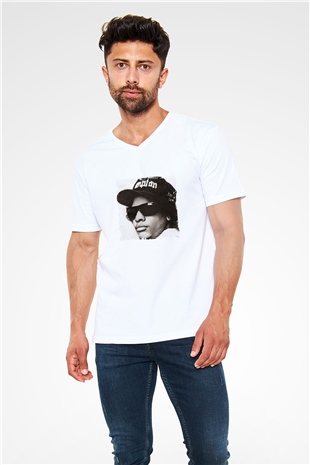 Eazy-E Baskılı Beyaz V Yaka Unisex Tişört