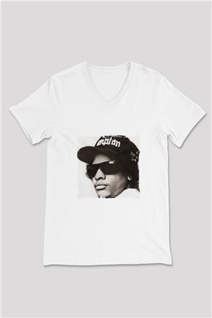 Eazy-E Baskılı Beyaz V Yaka Unisex Tişört