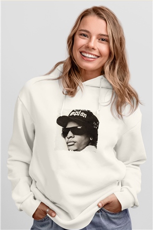 Eazy-E Baskılı Unisex Beyaz Kapüşonlu Sweatshirt