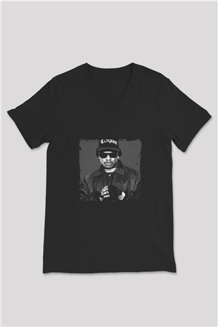 Eazy-E Baskılı Unisex Siyah V Yaka Tişört
