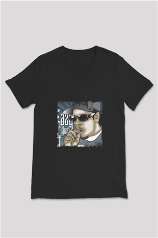 Eazy-E Baskılı Unisex Siyah V Yaka Tişört