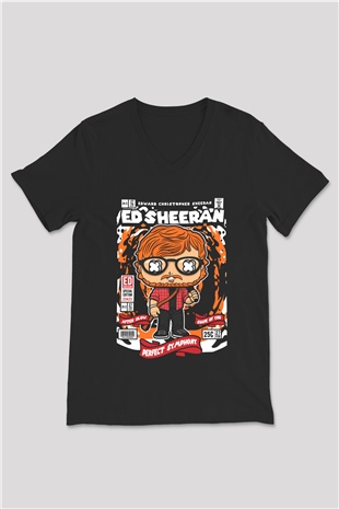 Ed Sheeran Baskılı Unisex Siyah V Yaka Tişört