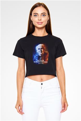 Edison Alıntı Baskılı Crop Top Kadın Tİşört - Tshirt
