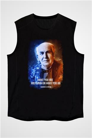 Edison Alıntı Baskılı Unisex Kolsuz Siyah Tişört - Tshirt