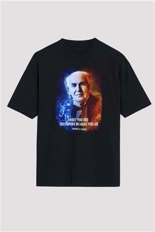 Edison Alıntı Baskılı Unisex Oversize Tişört - Tshirt