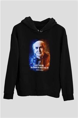 Edison Alıntı Baskılı Unisex Siyah Hoodie