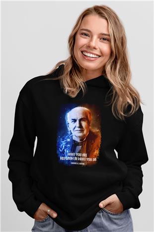 Edison Alıntı Baskılı Unisex Siyah Hoodie