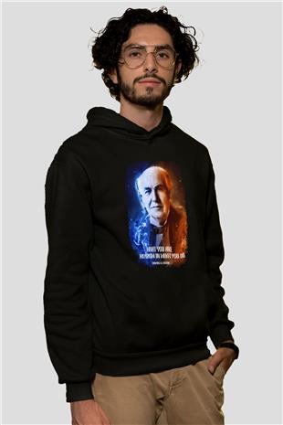 Edison Alıntı Baskılı Unisex Siyah Hoodie