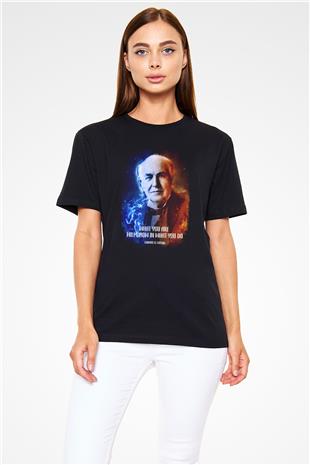 Edison Alıntı Baskılı Unisex Siyah Tişört - Tshirt