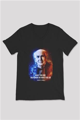Edison Alıntı Baskılı Unisex V Yaka Siyah Tİşört - Tshirt