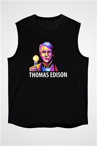 Edison Ampul Baskılı Unisex Kolsuz Siyah Tişört - Tshirt