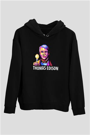 Edison Ampul Baskılı Unisex Siyah Hoodie