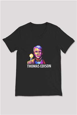 Edison Ampul Baskılı Unisex V Yaka Siyah Tİşört - Tshirt