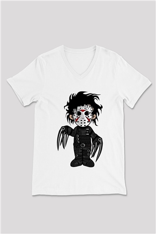 Edward Baskılı Unisex Beyaz V Yaka Tişört
