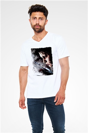 Edward Scissorhands Beyaz Unisex  V Yaka Tişört
