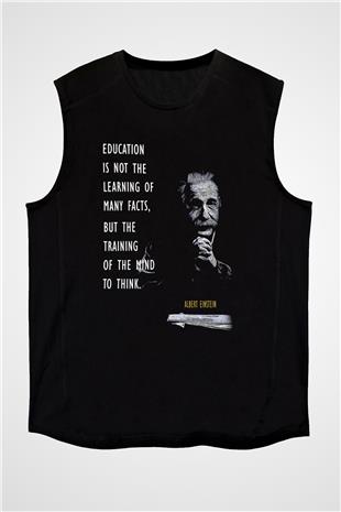 Einstein Alıntı Baskılı Unisex Kolsuz Siyah Tişört - Tshirt