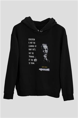 Einstein Alıntı Baskılı Unisex Siyah Hoodie