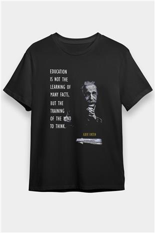 Einstein Alıntı Baskılı Unisex Siyah Tişört - Tshirt