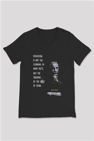 Einstein Alıntı Baskılı Unisex V Yaka Siyah Tİşört - Tshirt