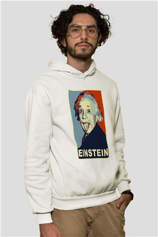 Einstein Beyaz Unisex Kapşonlu Sweatshirt