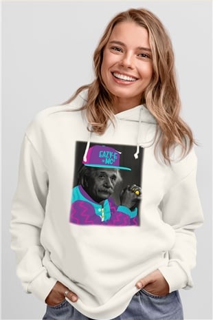 Einstein Beyaz Unisex Kapşonlu Sweatshirt