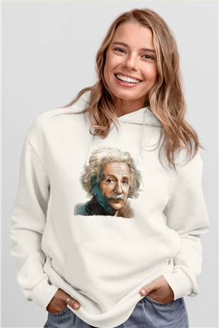 Einstein Beyaz Unisex Kapüşonlu Sweatshirt