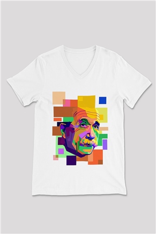 Einstein Beyaz Unisex V Yaka Tişört