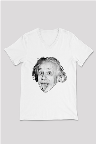 Einstein Beyaz Unisex V Yaka Tişört