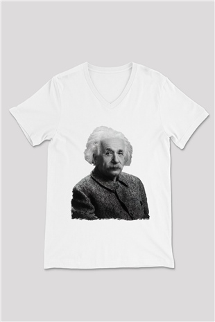 Einstein Beyaz Unisex V Yaka Tişört