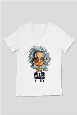 Einstein Beyaz Unisex V Yaka Tişört T-Shirt