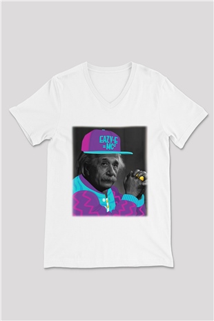 Einstein Beyaz Unisex V Yaka Tişört T-Shirt