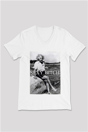 Einstein Beyaz Unisex V Yaka Tişört T-Shirt