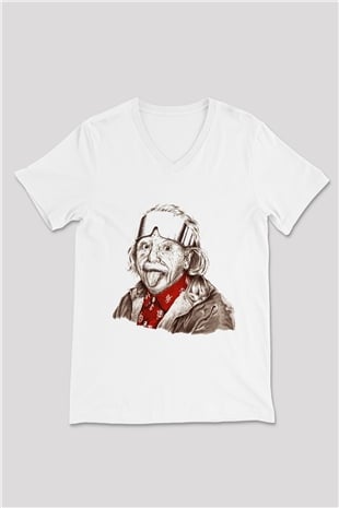 Einstein Beyaz Unisex V Yaka Tişört T-Shirt