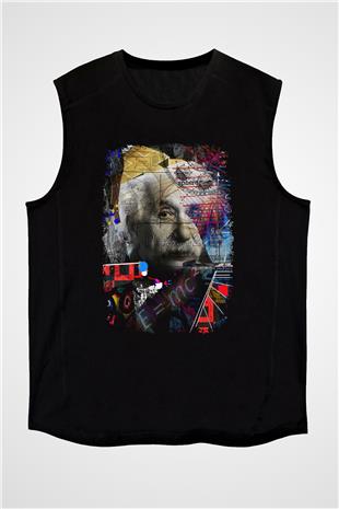 Einstein Pop Art Baskılı Unisex Kolsuz Siyah Tişört - Tshirt