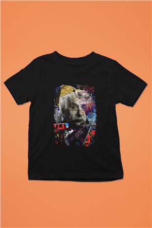Einstein Pop Art Baskılı Unisex Siyah Çocuk Tişörtü - Tshirt