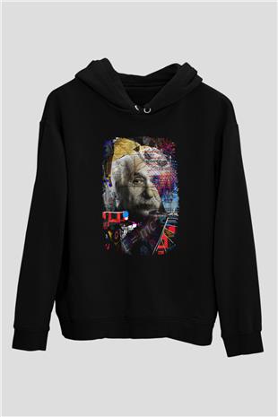 Einstein Pop Art Baskılı Unisex Siyah Hoodie